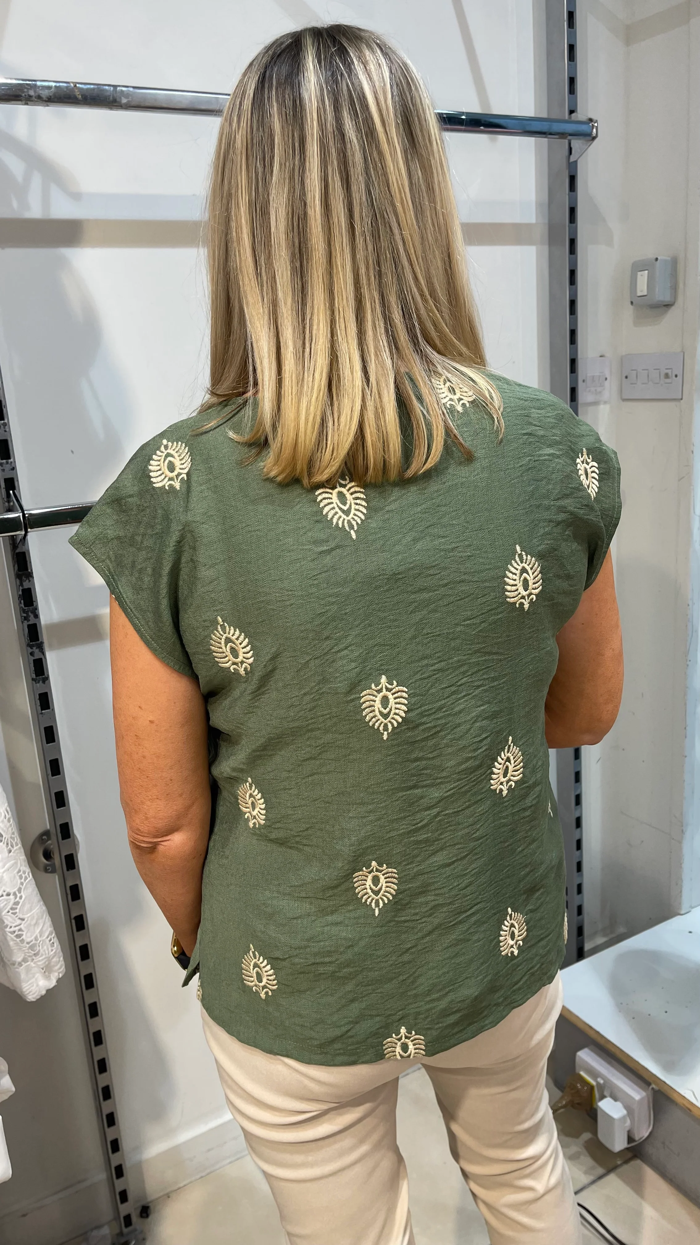 Adele - Khaki Embroidery V Neck Top - Image 3