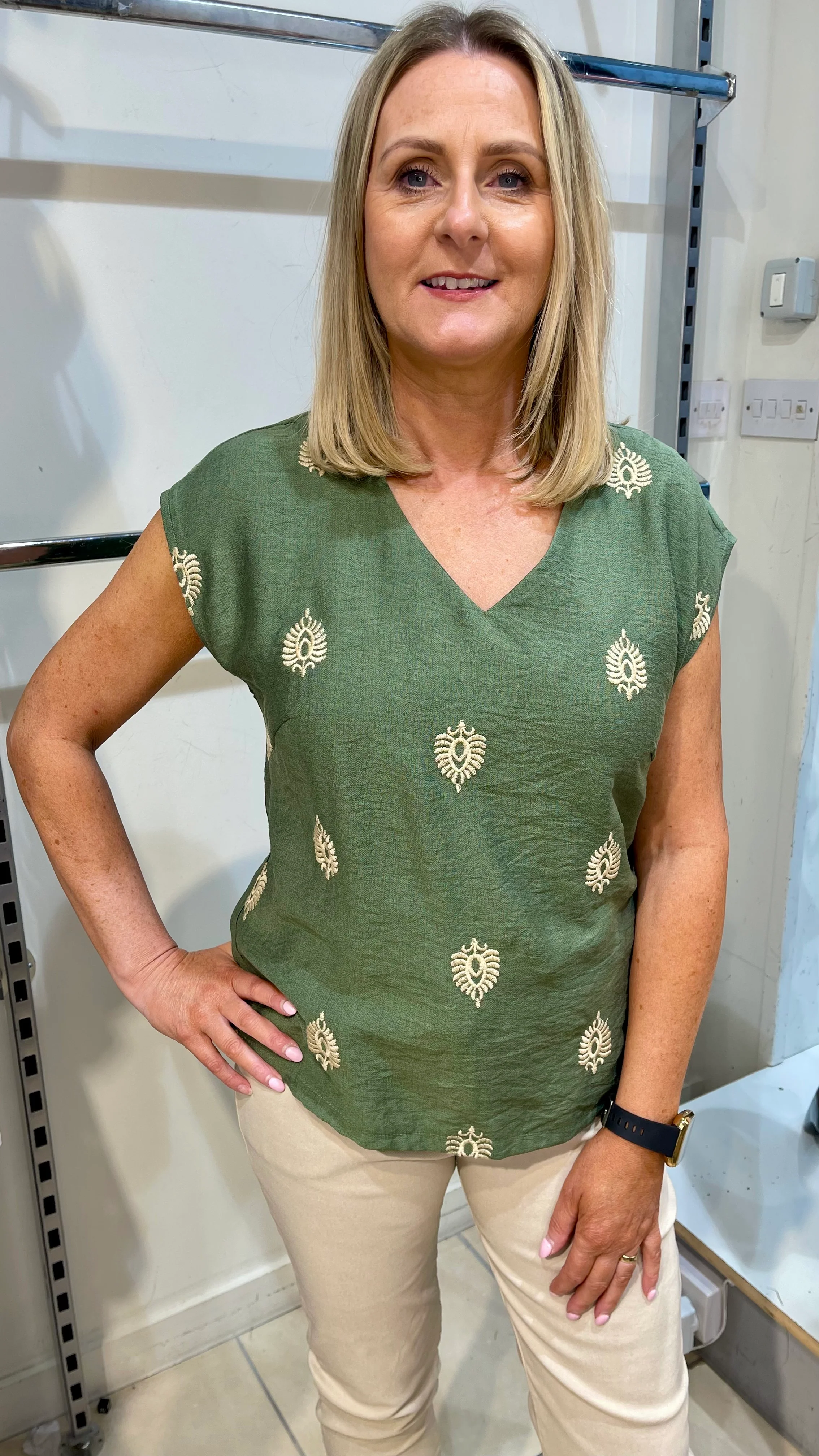 Adele - Khaki Embroidery V Neck Top - Image 4