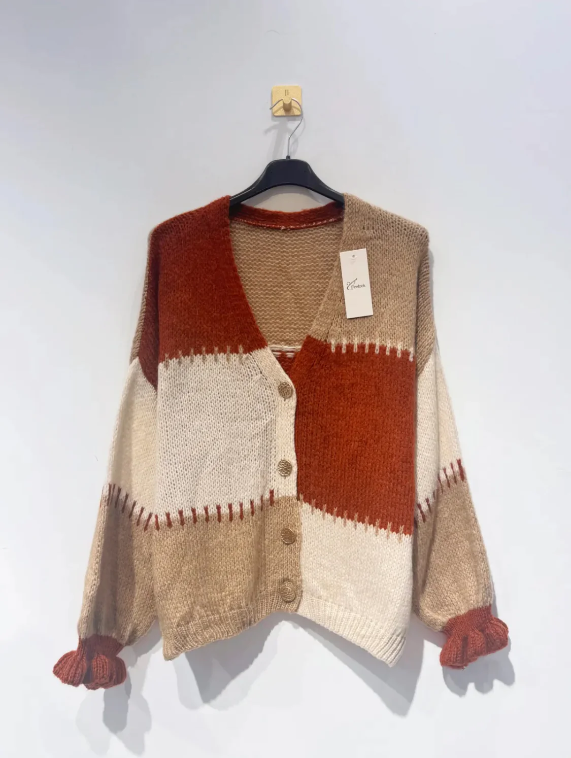 Barbara Beige/Rust Chunky Knitted Cardigan - Image 3