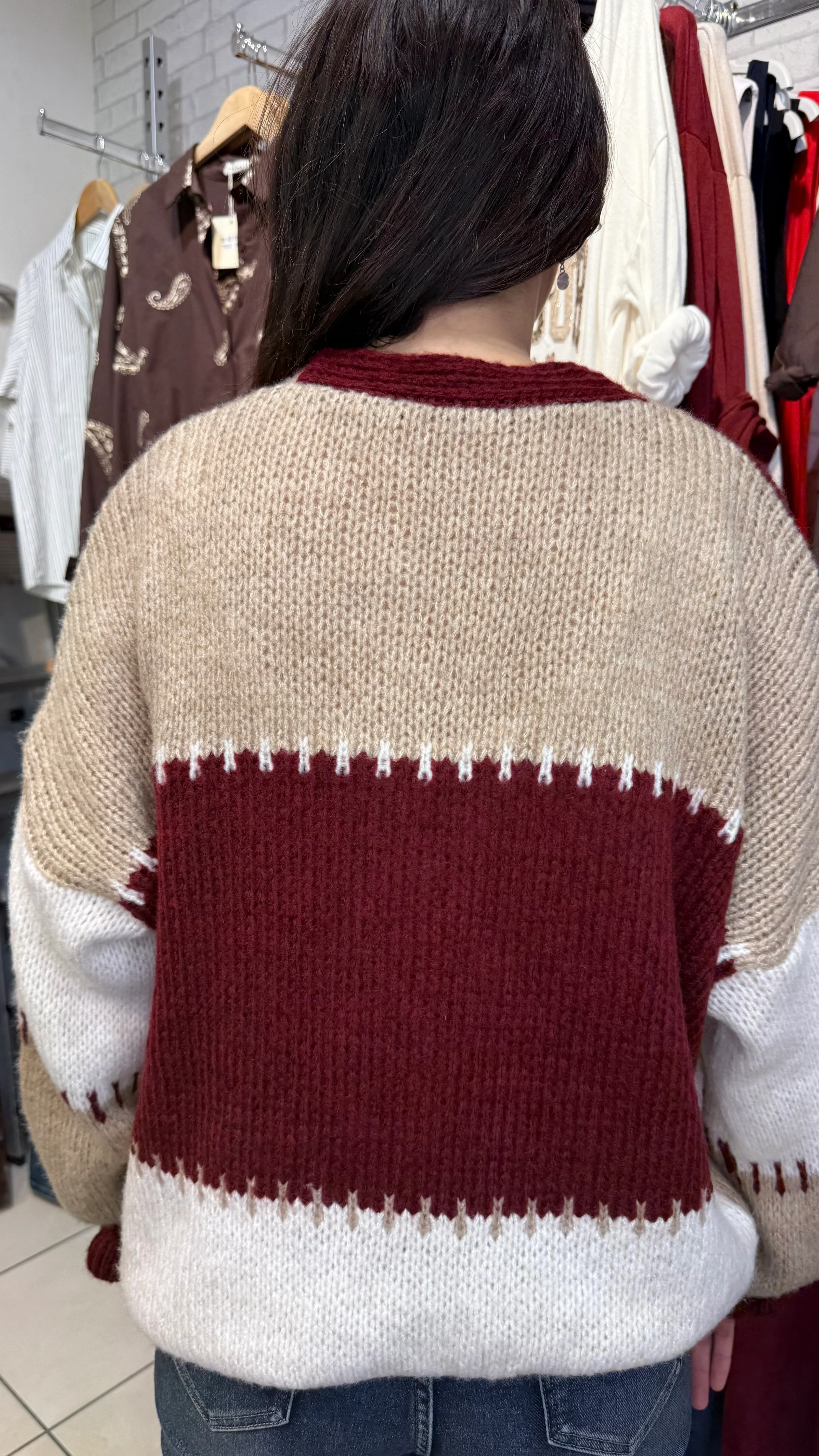Barbara Wine/Cream Chunky Knitted Cardigan - Image 3