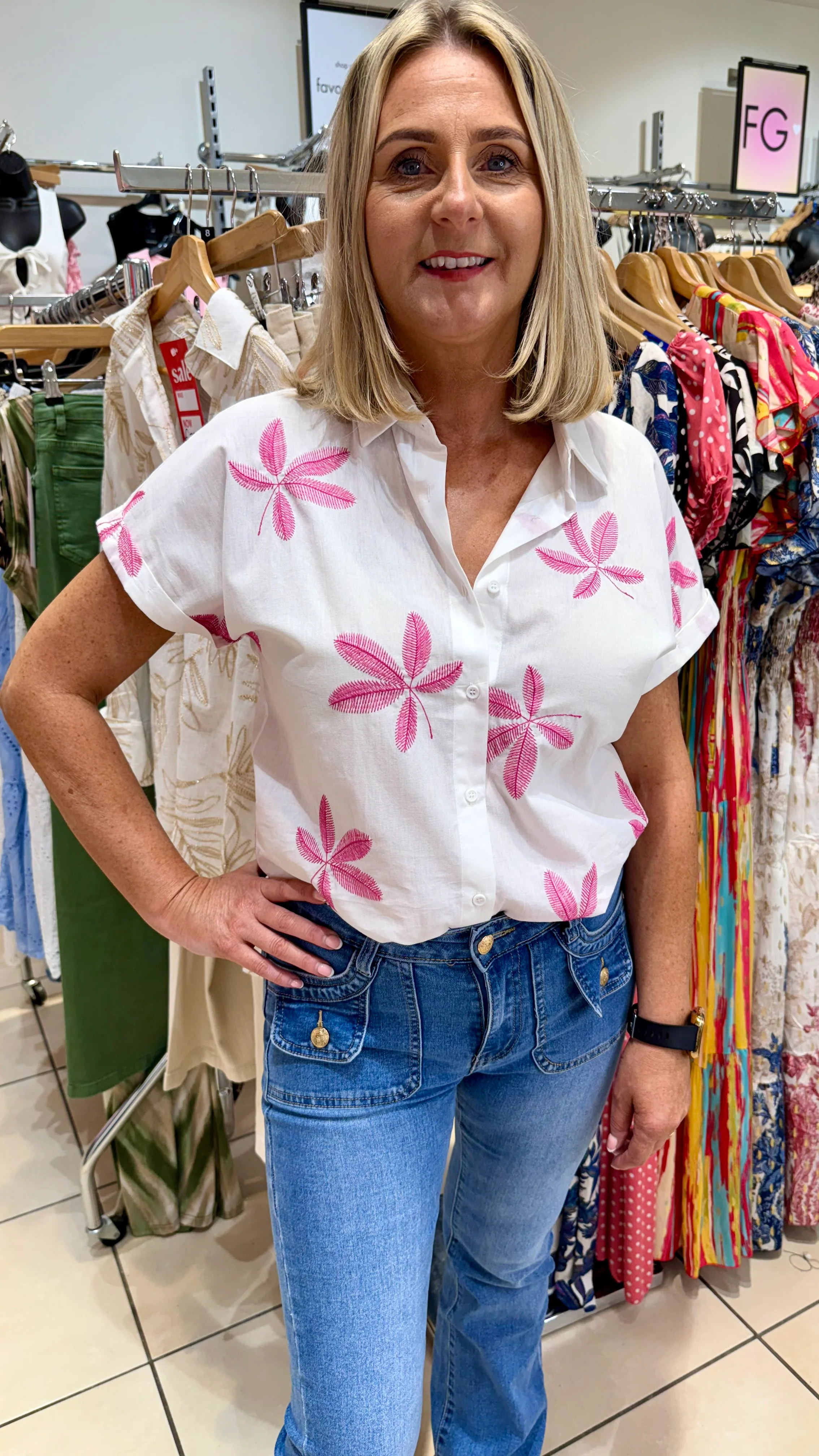 Tara - White/Pink Leaf Detail Embroidery Top - Image 3