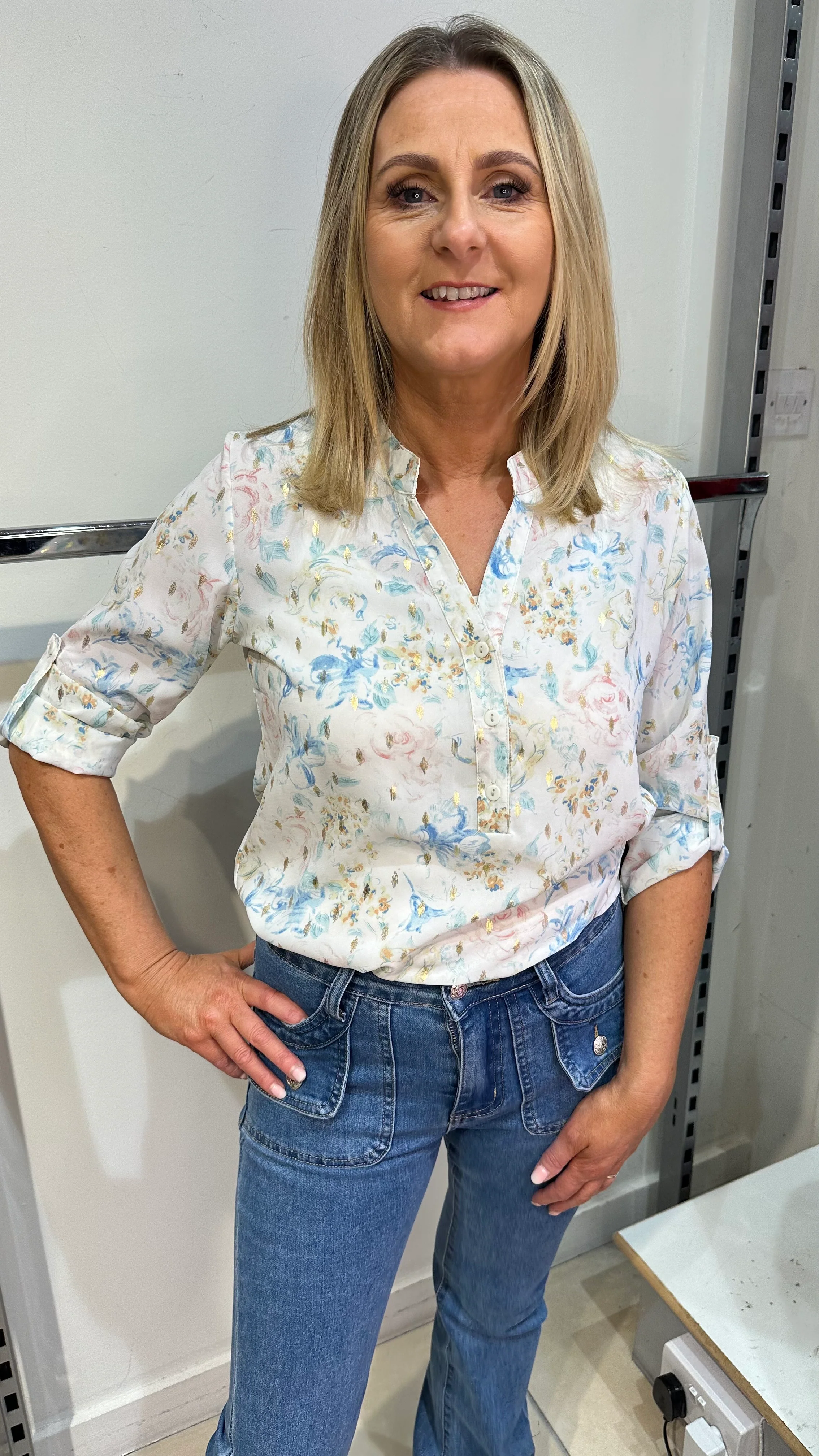 Ivy - Pastel Floral Print Button Neck Top - Image 3