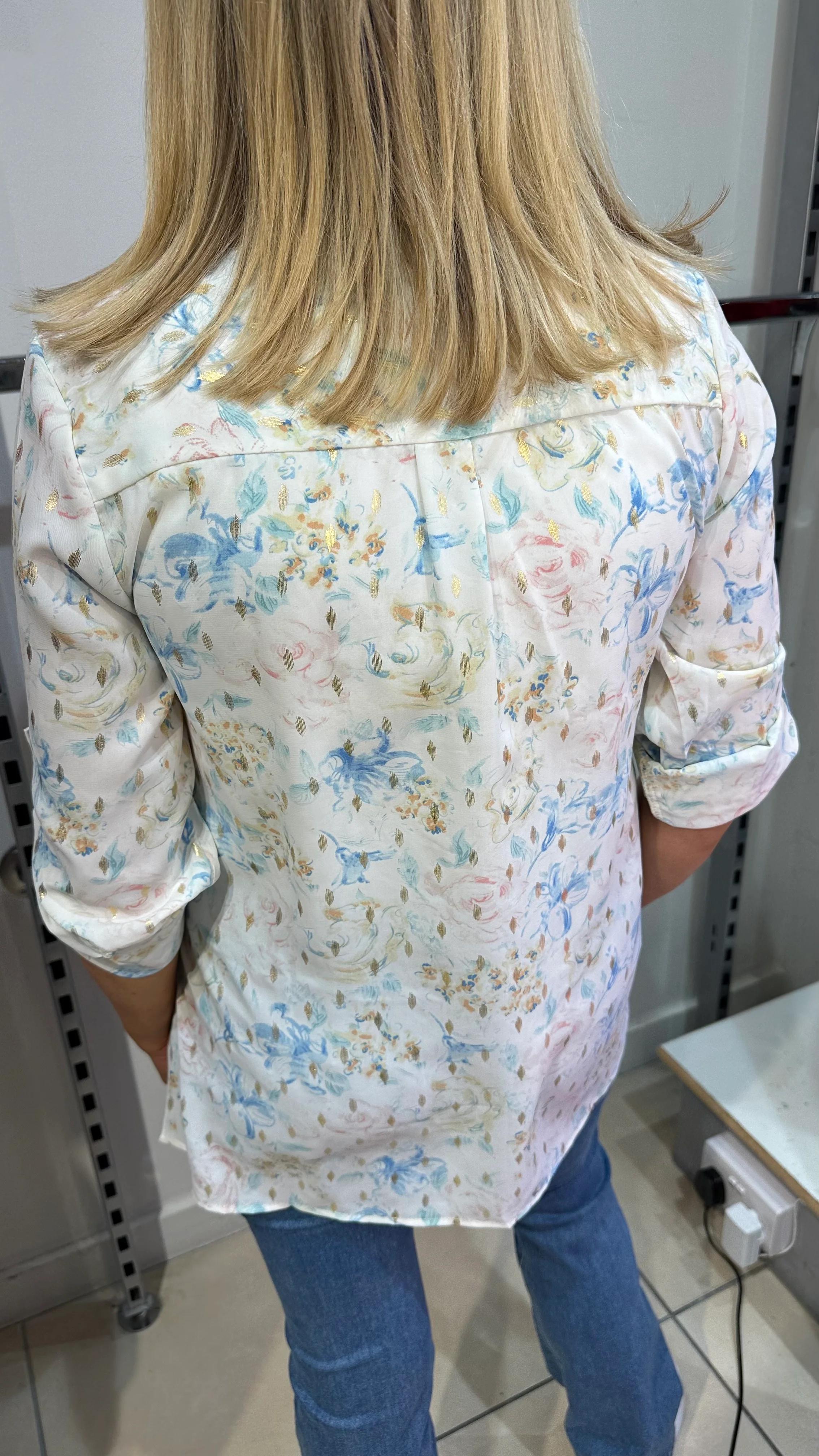 Ivy - Pastel Floral Print Button Neck Top - Image 4