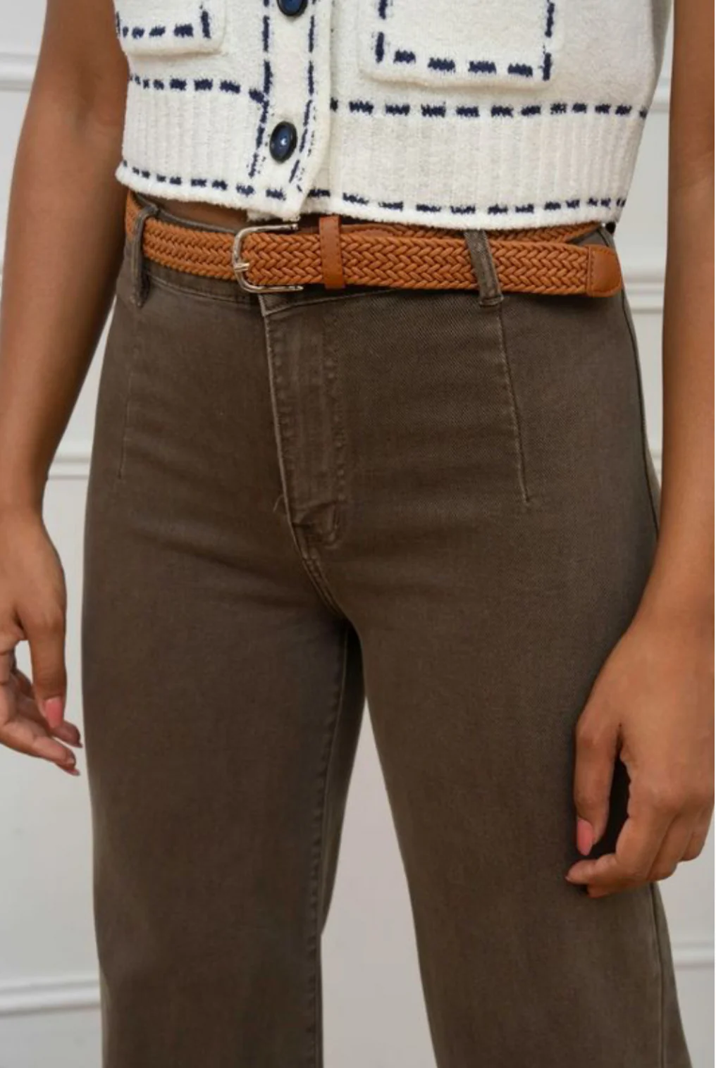 Jake - Mocha Brown Denim Belted Cropped Jeans - Image 3
