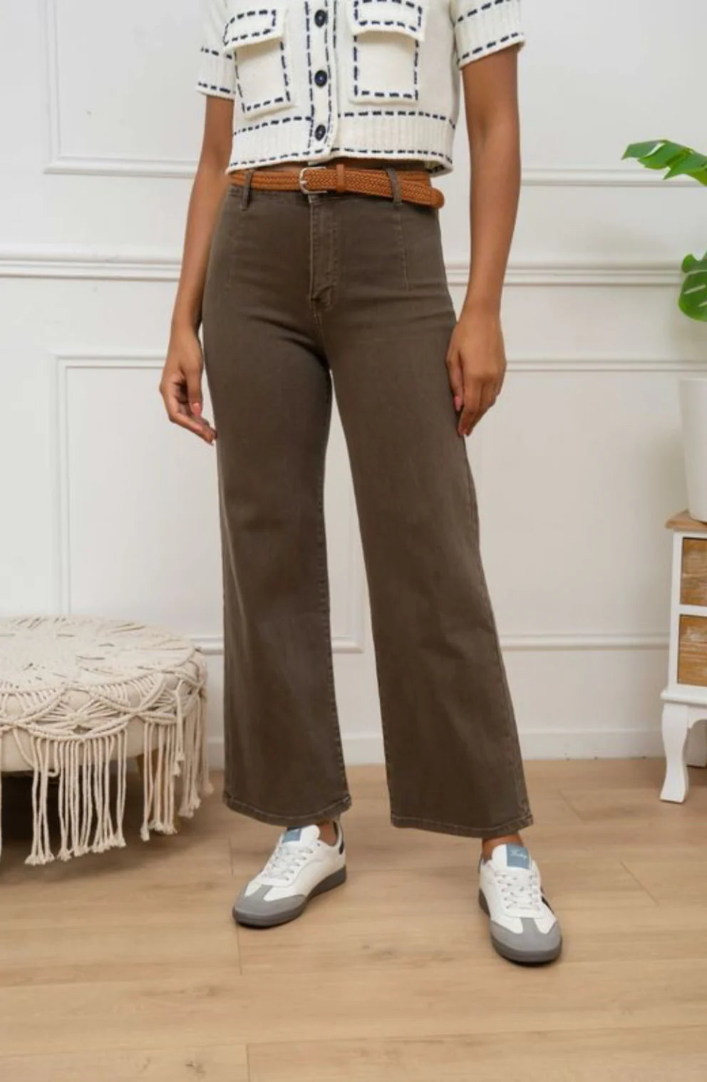 Jake - Mocha Brown Denim Belted Cropped Jeans - Image 4