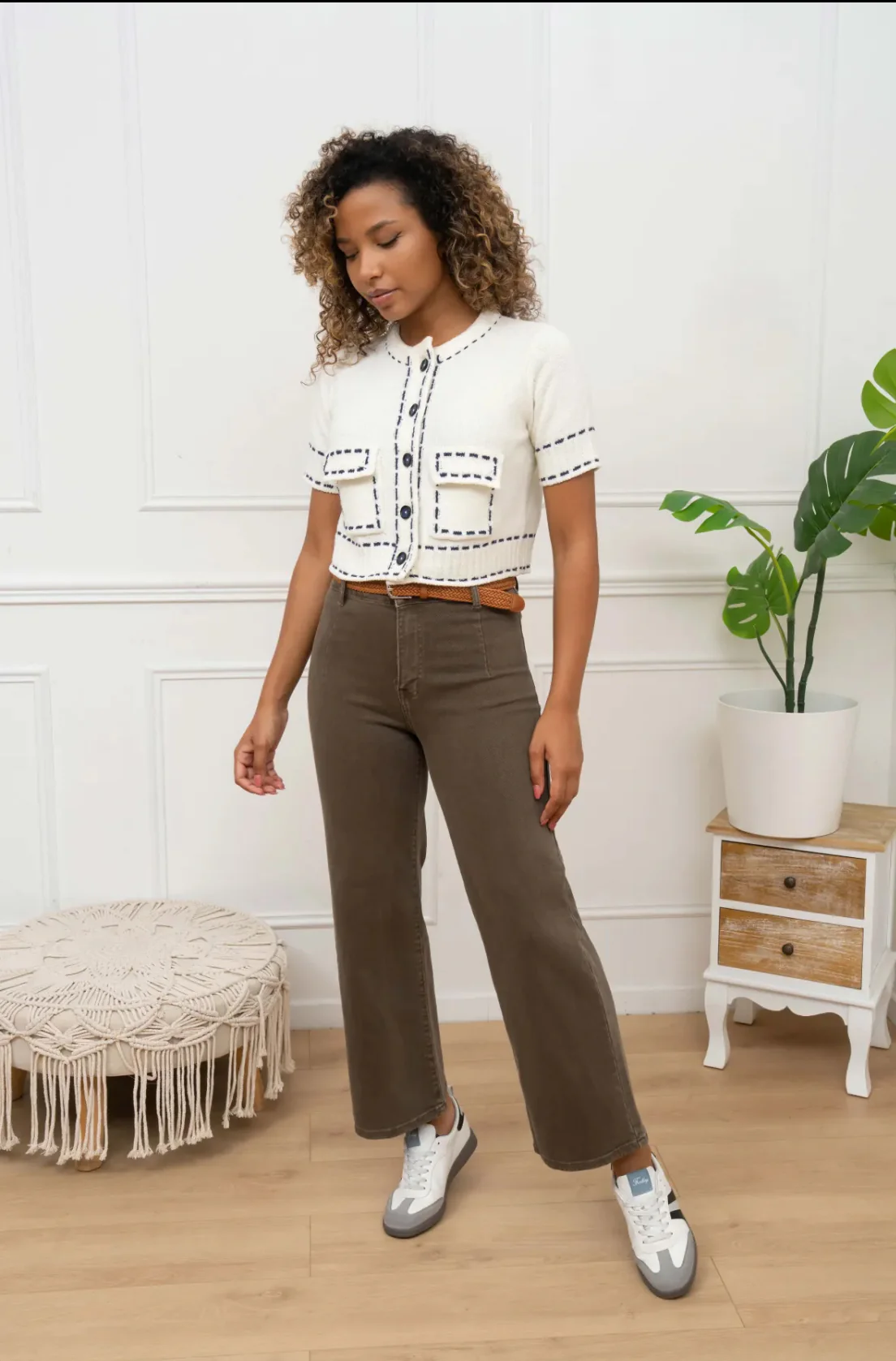 Jake - Mocha Brown Denim Belted Cropped Jeans - Image 5