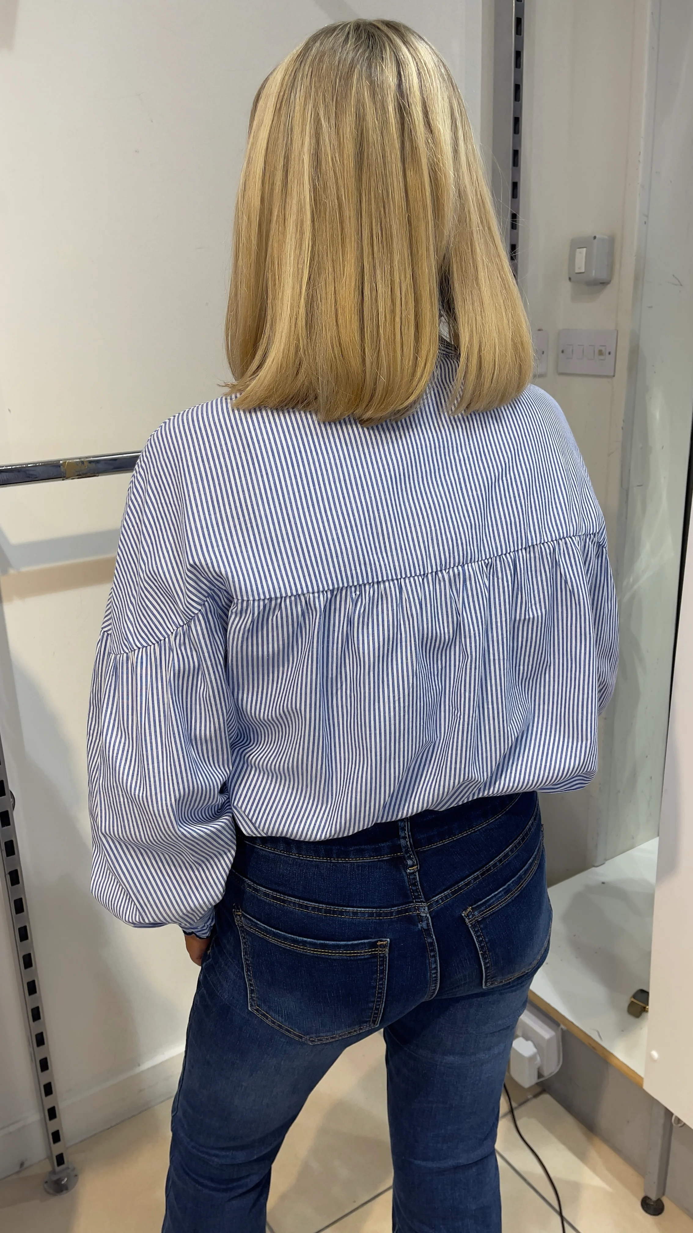 Rebecca - Stripe Embroidery Ruffle Neckline Top - Image 4